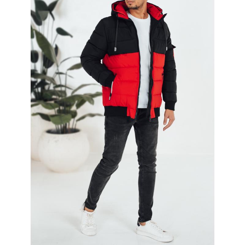 Pánska zimná bunda s kapucňou, červená a čierna