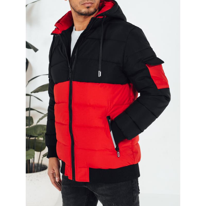 Pánska zimná bunda s kapucňou, červená a čierna