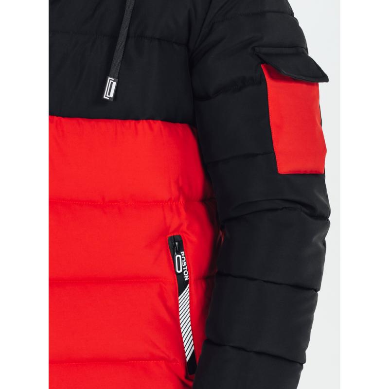 Pánska zimná bunda s kapucňou, červená a čierna