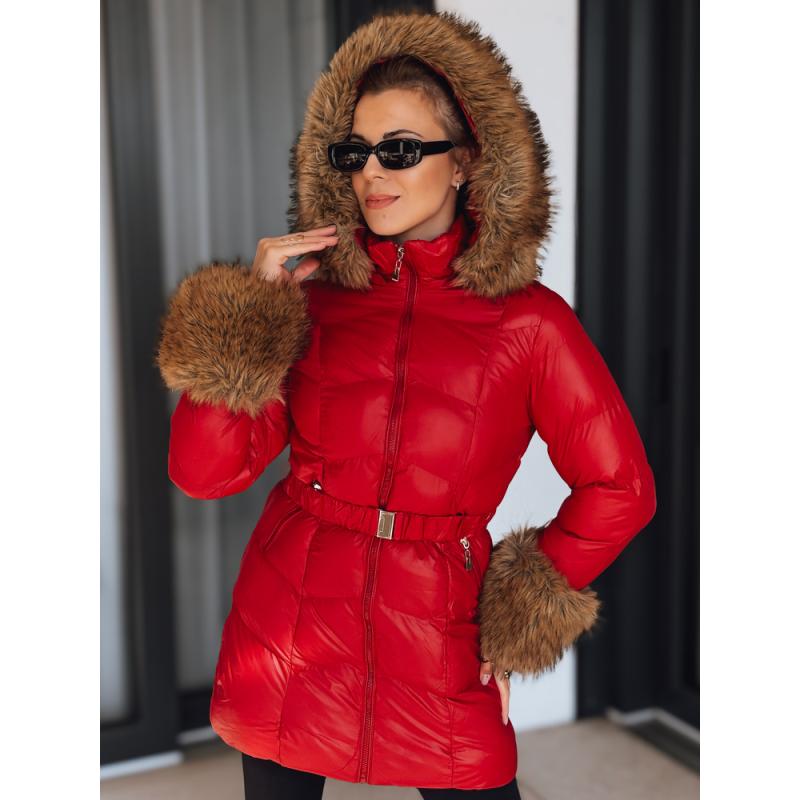 Dámská zimní prošívaná bunda s kapucí, červená