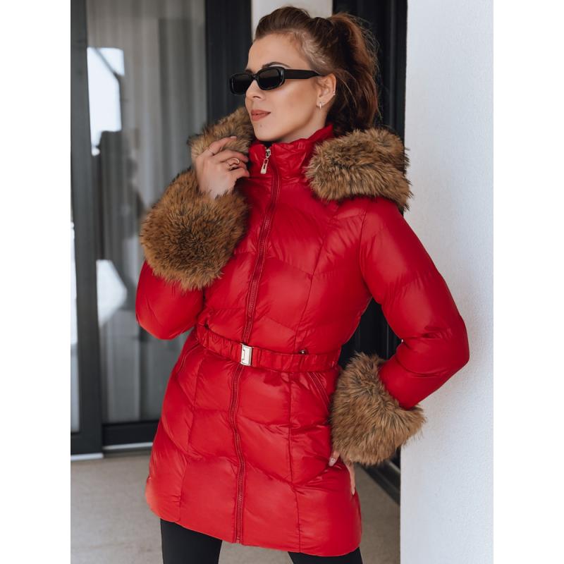 Dámská zimní prošívaná bunda s kapucí, červená