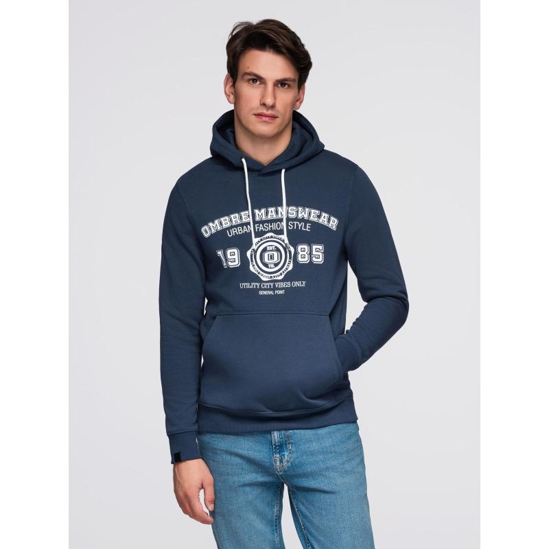 Pánská sportovní mikina s kapucí a velkým potiskem – tmavě modrá V2 B1714