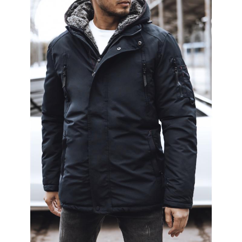 Pánska zimná prešívaná bunda s kapucňou tmavomodrá