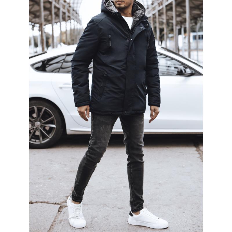 Pánska zimná prešívaná bunda s kapucňou tmavomodrá