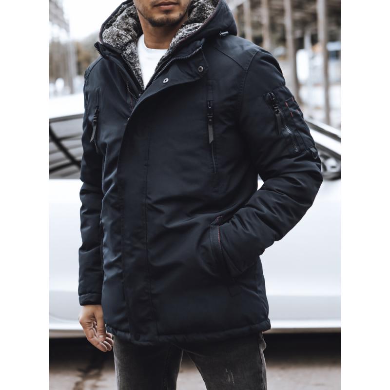 Pánska zimná prešívaná bunda s kapucňou tmavomodrá