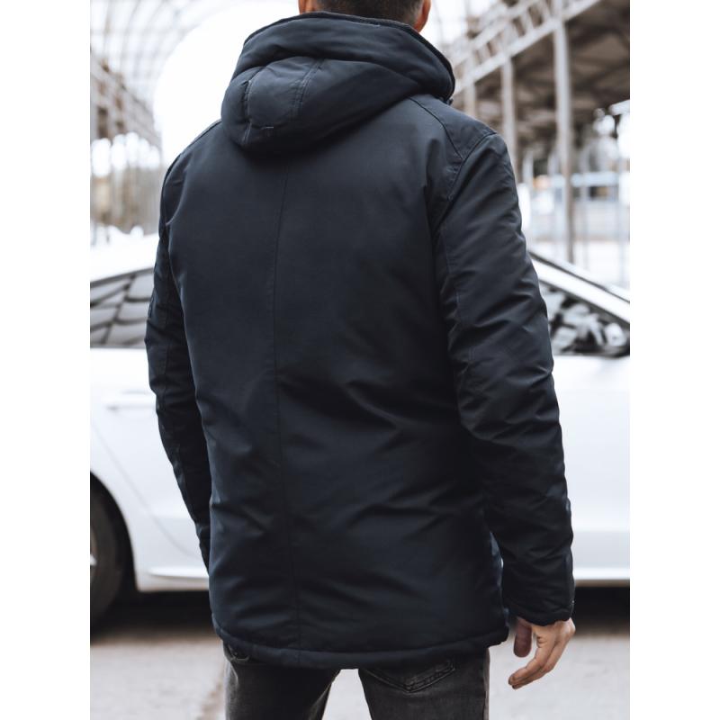 Pánska zimná prešívaná bunda s kapucňou tmavomodrá