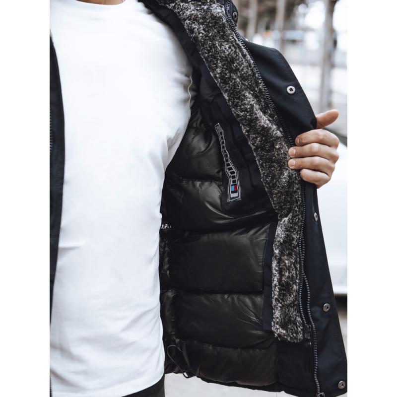 Pánska zimná prešívaná bunda s kapucňou tmavomodrá