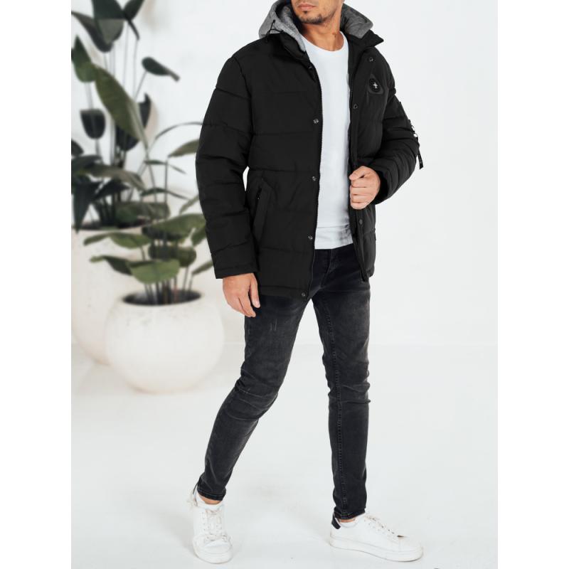 Férfi téli steppelt dzseki kapucnival fekete