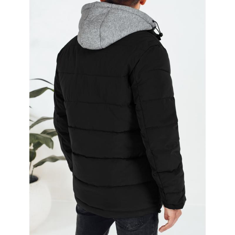 Férfi téli steppelt dzseki kapucnival fekete