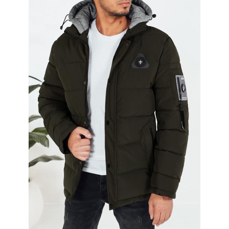Férfi téli steppelt kabát kapucnival zöld