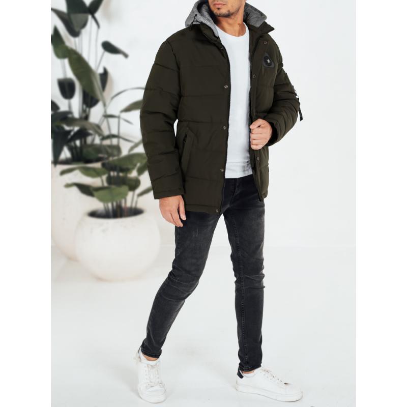Férfi téli steppelt kabát kapucnival zöld