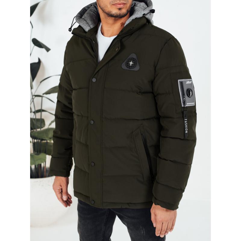 Férfi téli steppelt kabát kapucnival zöld