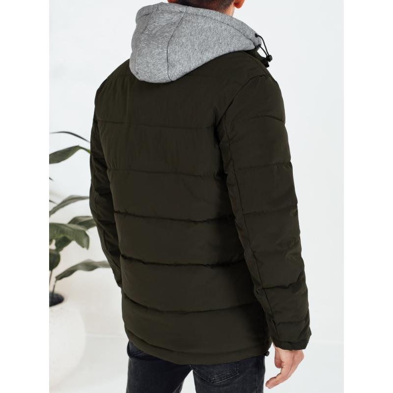 Férfi téli steppelt kabát kapucnival zöld