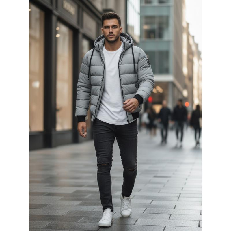 Férfi téli steppelt kabát kapucnival szürke
