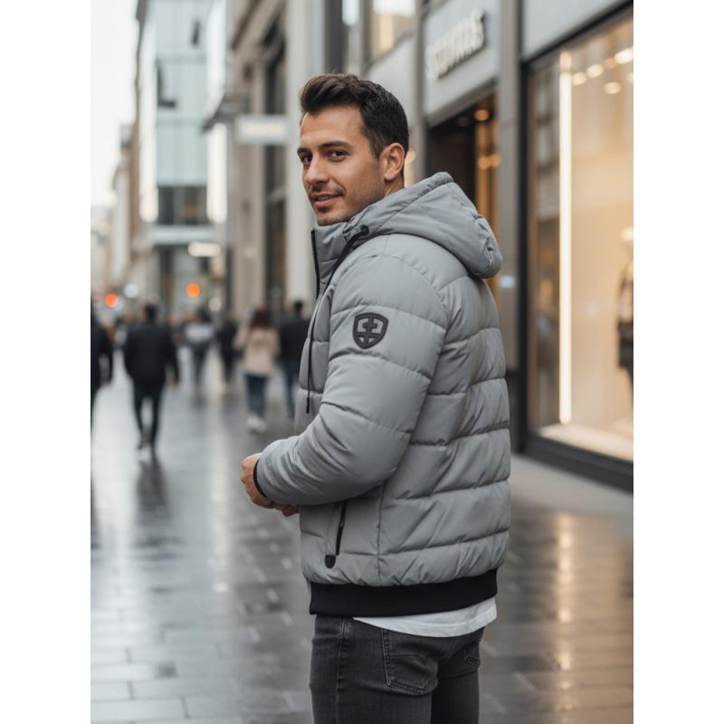 Férfi téli steppelt kabát kapucnival szürke