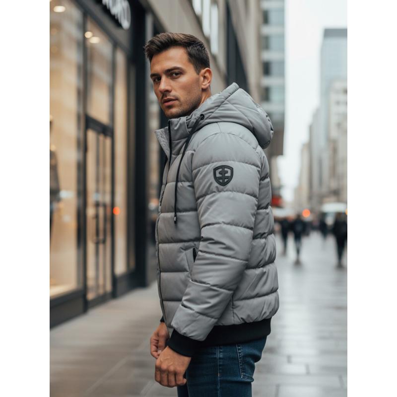 Férfi téli steppelt kabát kapucnival szürke