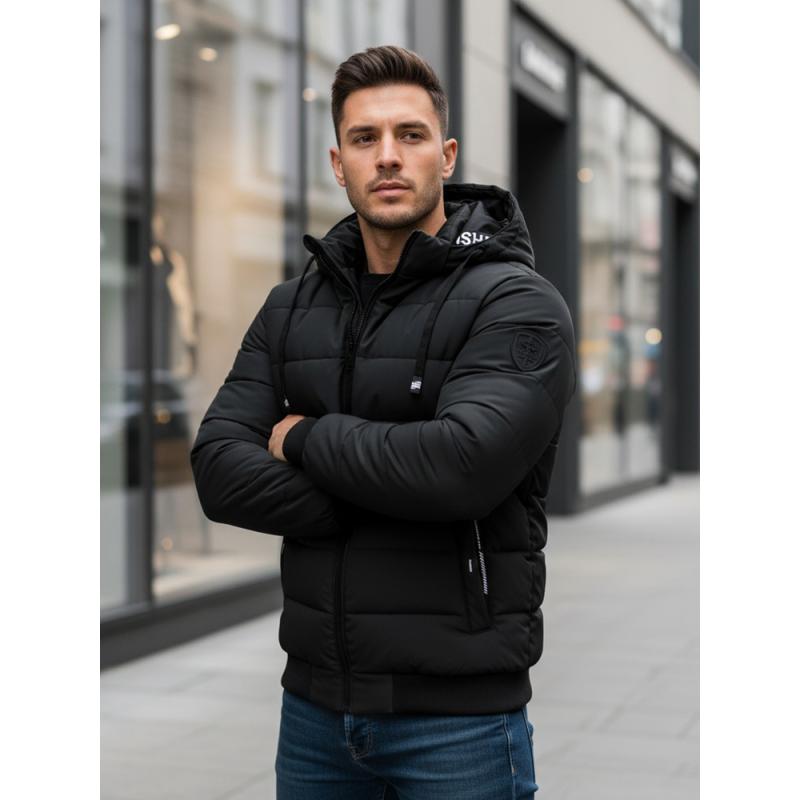 Férfi téli steppelt kabát kapucnival fekete
