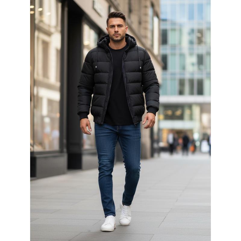 Férfi téli steppelt kabát kapucnival fekete