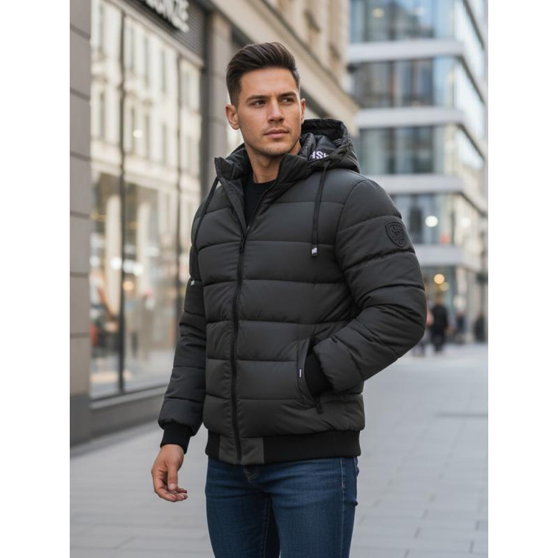 Férfi téli steppelt kabát kapucnival sötétszürke színben