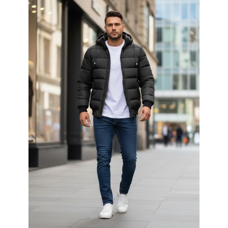 Férfi téli steppelt kabát kapucnival sötétszürke színben