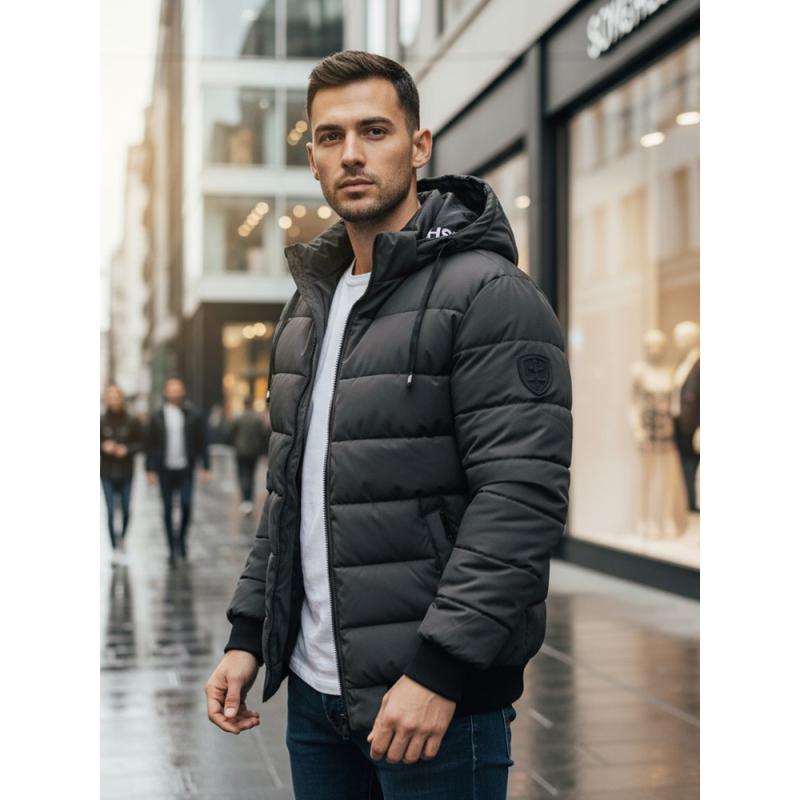 Férfi téli steppelt kabát kapucnival sötétszürke színben