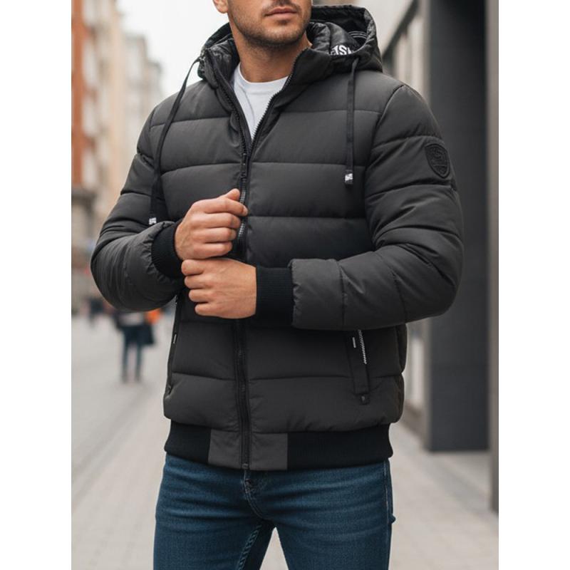 Férfi téli steppelt kabát kapucnival sötétszürke színben