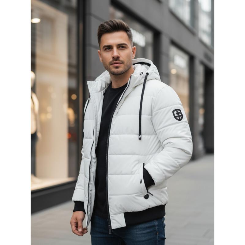 Férfi téli steppelt dzseki kapucnival fehér