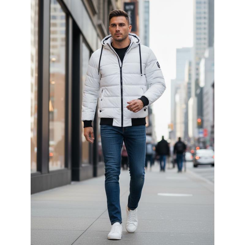 Férfi téli steppelt dzseki kapucnival fehér