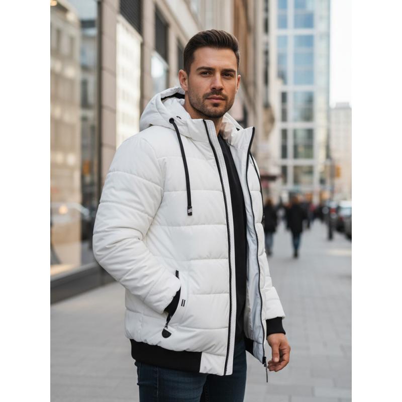 Férfi téli steppelt dzseki kapucnival fehér