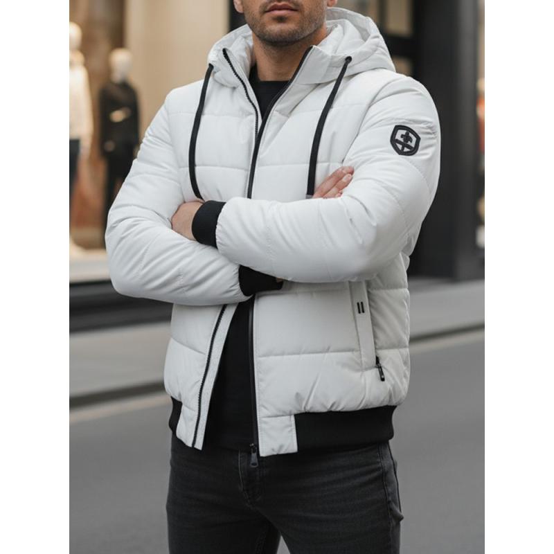 Férfi téli steppelt dzseki kapucnival fehér