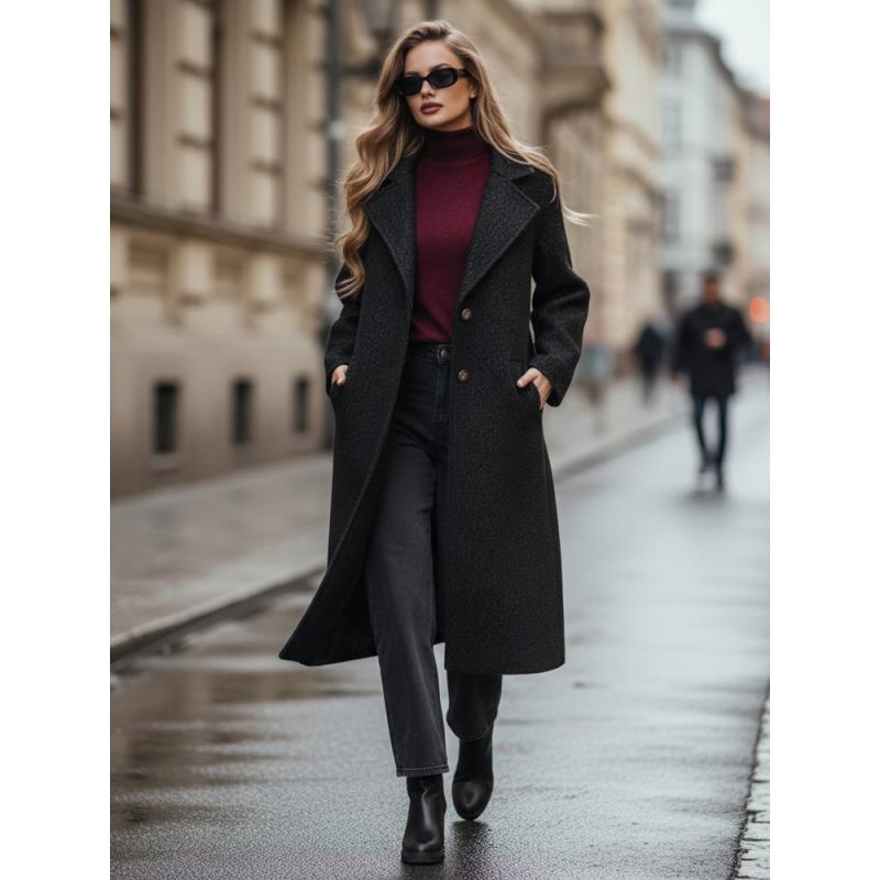 Dámský dlouhý kabát z ovčí kůže černý z