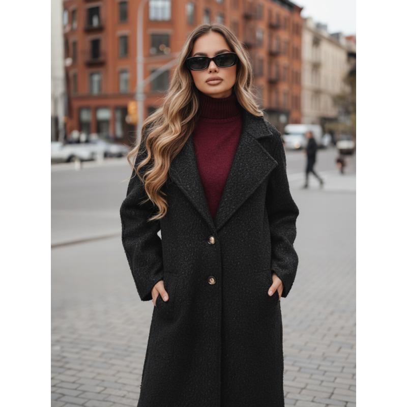 Dámský dlouhý kabát z ovčí kůže černý z