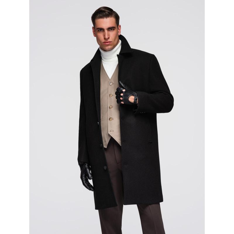 Férfi hosszú egy soros kabát gallérral és béléssel – fekete V1 OM-COWC-0135