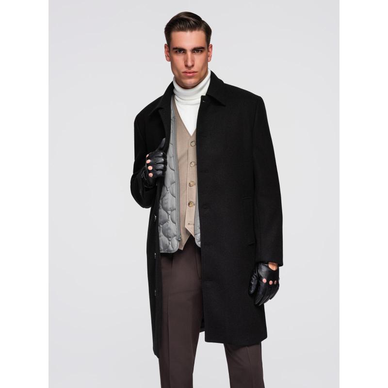 Férfi hosszú egy soros kabát gallérral és béléssel – fekete V1 OM-COWC-0135
