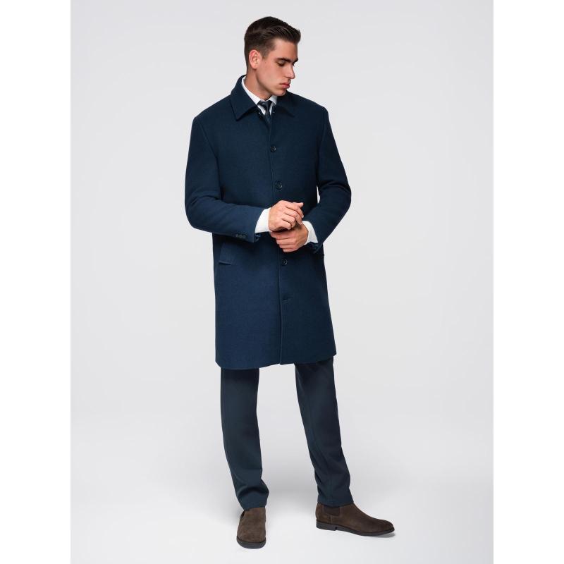 Hosszú, egyrétegű, galléros, bélelt férfi kabát – sötétkék V3 OM-COWC-0135