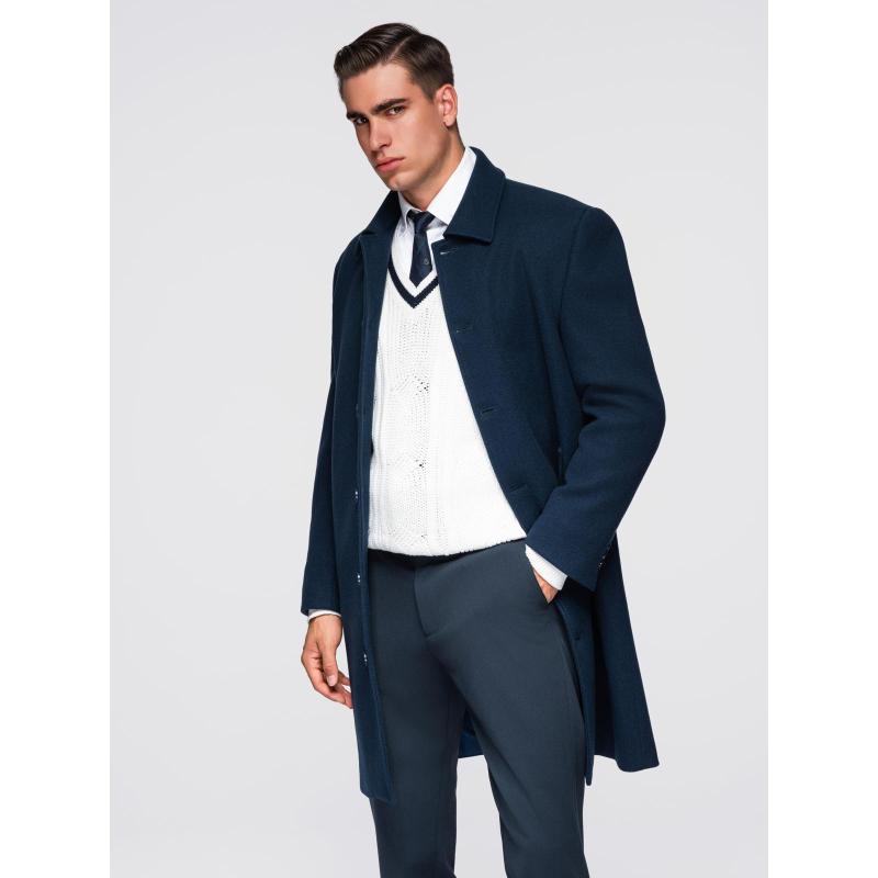 Hosszú, egyrétegű, galléros, bélelt férfi kabát – sötétkék V3 OM-COWC-0135