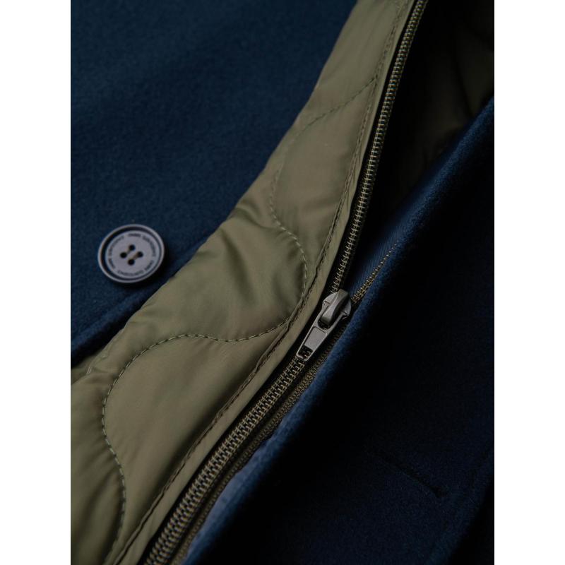 Hosszú, egyrétegű, galléros, bélelt férfi kabát – sötétkék V3 OM-COWC-0135