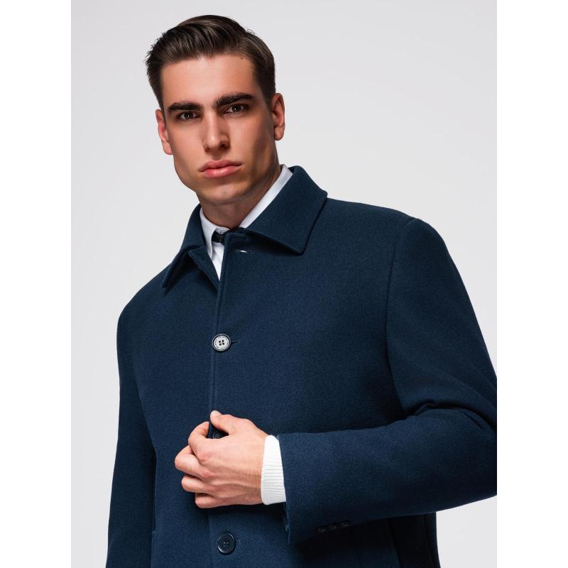 Hosszú, egyrétegű, galléros, bélelt férfi kabát – sötétkék V3 OM-COWC-0135