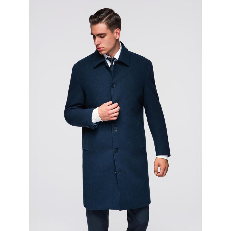 Hosszú, egyrétegű, galléros, bélelt férfi kabát – sötétkék V3 OM-COWC-0135