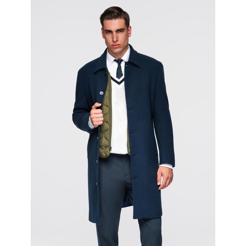 Hosszú, egyrétegű, galléros, bélelt férfi kabát – sötétkék V3 OM-COWC-0135
