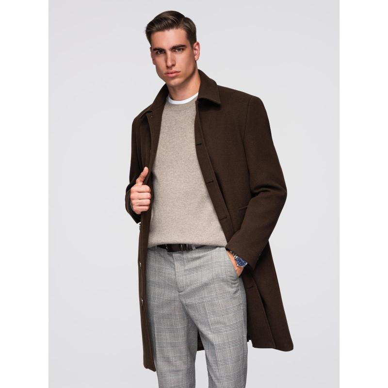 Egyrétegű, galléros, bélelt, hosszú férfi kabát – barna V4 OM-COWC-0135