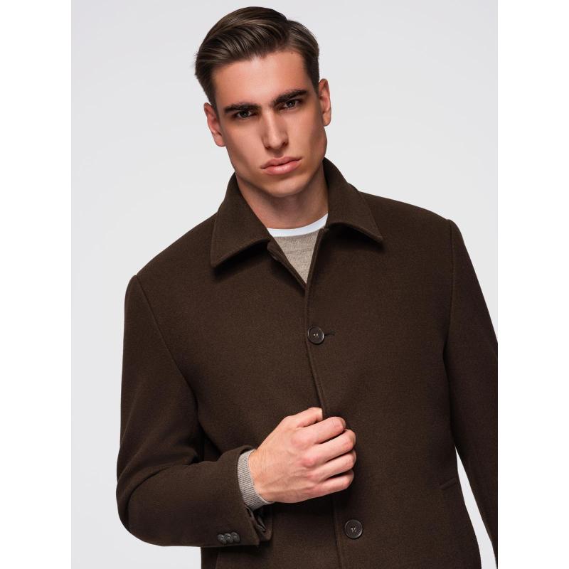 Egyrétegű, galléros, bélelt, hosszú férfi kabát – barna V4 OM-COWC-0135