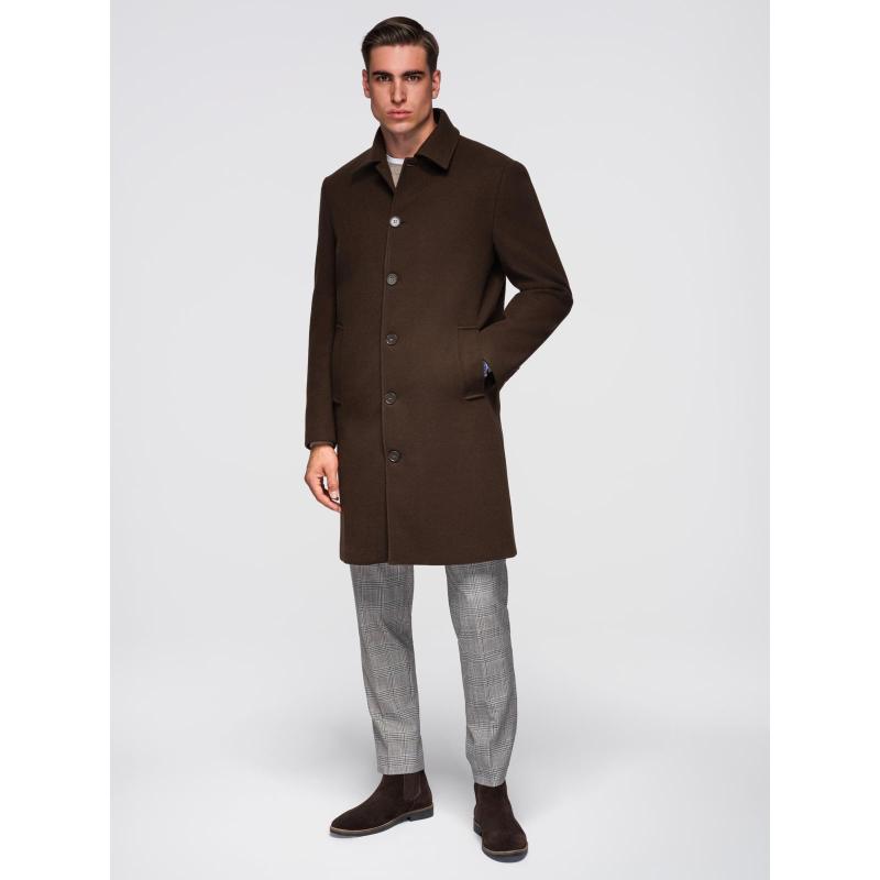 Egyrétegű, galléros, bélelt, hosszú férfi kabát – barna V4 OM-COWC-0135