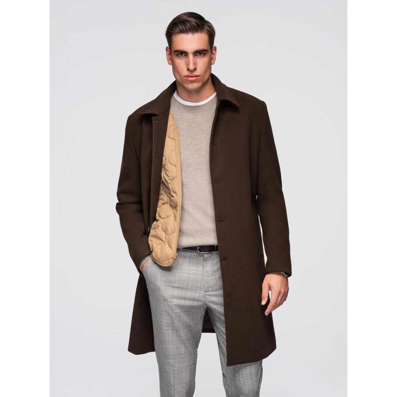 Egyrétegű, galléros, bélelt, hosszú férfi kabát – barna V4 OM-COWC-0135