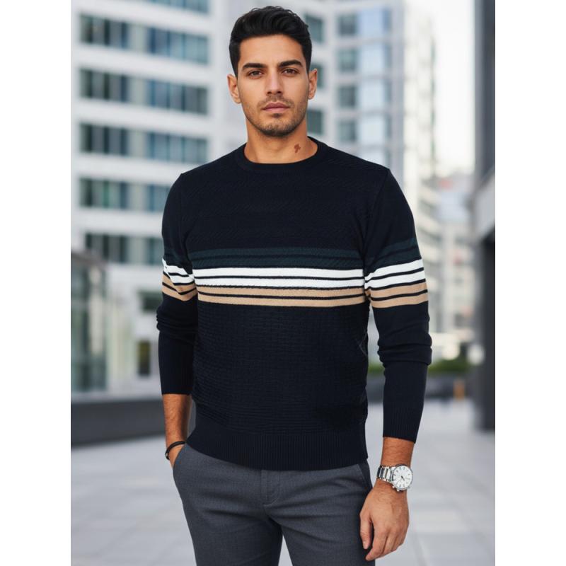 Pánský svetr s pruhy, tmavě modrý