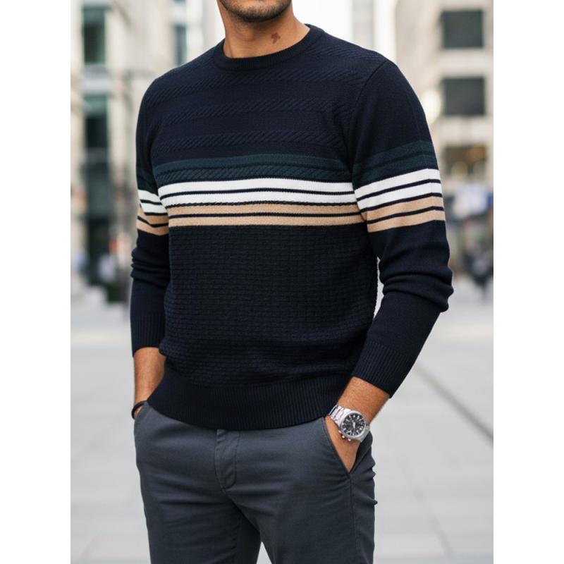 Pánský svetr s pruhy, tmavě modrý