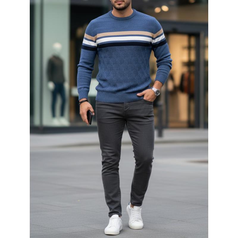 Pánský svetr s pruhy, modrý