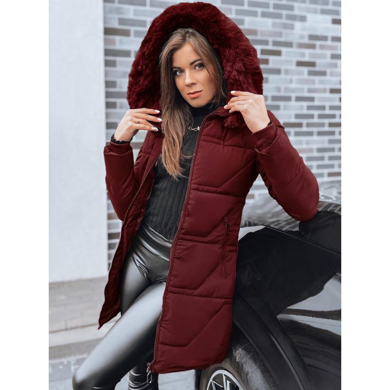 Dámska prešívaná bunda s kožušinou, bordová