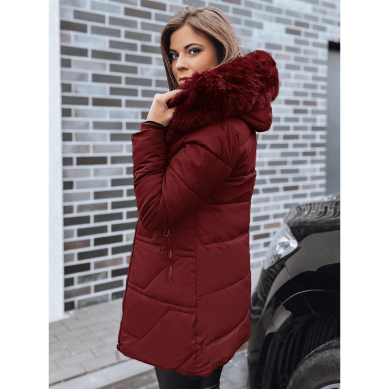 Dámska prešívaná bunda s kožušinou, bordová
