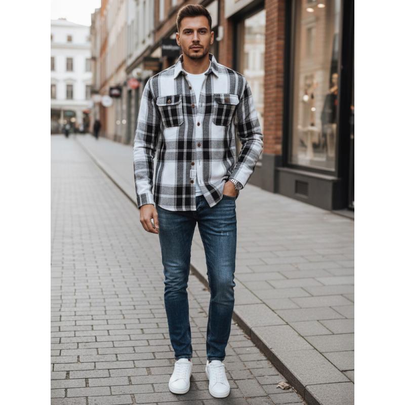 Pánska flanelová košeľa s čierno-bielym kockovaným vzorom